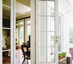 Andersen Windows & Doors 200 Series Hinged Patio Door, White Interior Finish, 2″ Brick Mould Trim Option, Hardware Option: Anvers in Bright Gold